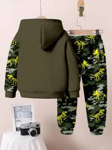 SHEIN 2 件套年轻男孩宽松休闲卡通动物、恐龙、风景、3D、街头服饰、迷彩图案连帽卫衣套装，舒适运动风格，适合秋冬季 - 彩色 - 查看 3
