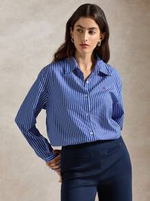 Briarwyn Áo sơ mi nữ dài tay cổ rộng, kẻ sọc, thêu chữ, kiểu dáng thường ngày, thích hợp cho mùa thu, đi học, dự tiệc, công sở, dành cho nữ giáo viên, phong cách cổ điển, áo sơ mi kẻ sọc dành cho nữ giáo viên. - Màu xanh lam - Xem 7