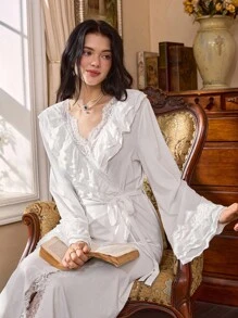 Côtesoire 女士优雅多层撞色蕾丝长袍，法国南部风格，秋季 - 白色 - 查看 1