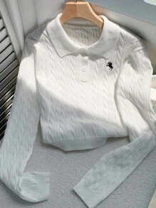 Comfortcana Women's Embroidered Decor White Long Sleeve Sweater,Fall Women Clothes,Back To School,Business Casual Woman,Teacher Outfits For Women,Going Out Tops Women - White - View 4