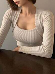 DAZY Women's Solid Color Long Sleeve Ribbed Camisole Top And Tank Top Set - Khaki - View 1