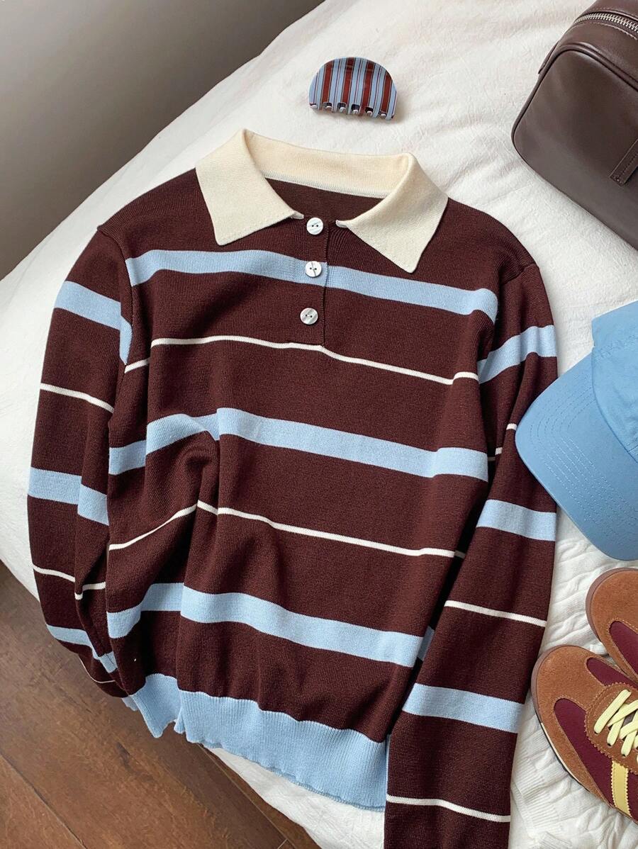 Comfortcana Women's Casual Colorblock Striped Long Sleeve Knit Polo Shirt In Fall/Winter