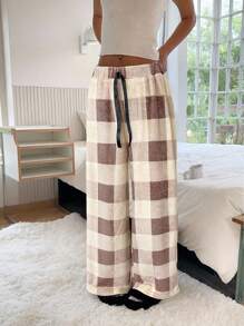SHEIN EZwear Women's Tie-Waist Fluffy Plaid Print Casual Wide Leg Baggy Pants,Fall - Brown - View 4