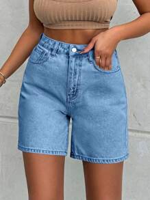 EURMUSE 100%Cotton LIGHT WASH HIGH WAIST SHORT - Royal Blue - View 3