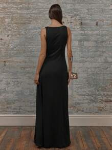 MUSERA 圆领露肩长款连衣裙，夏季女装，毕业季优雅可爱性感度假波西米亚风婚礼宾客海滩假日秋季夏季穿搭情人节 - 黑色 - 查看 3