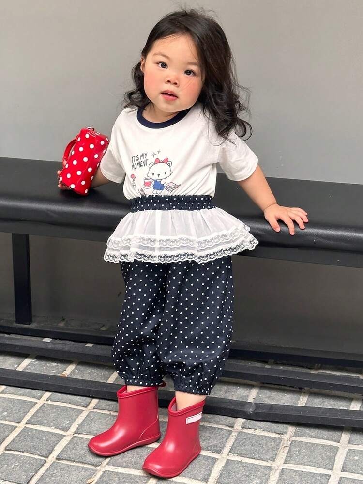 2pcs Baby Girls Cartoon Print Short Sleeve T-Shirt & Casual Mesh Patchwork Long Pants Set Toddler Girls Clothes