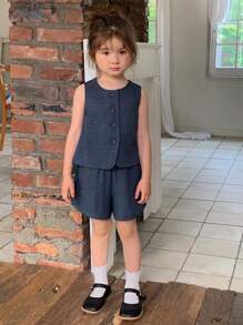 Dazy Kids 2件套女童圆领可爱无袖上衣和宽松短裤休闲套装，夏季