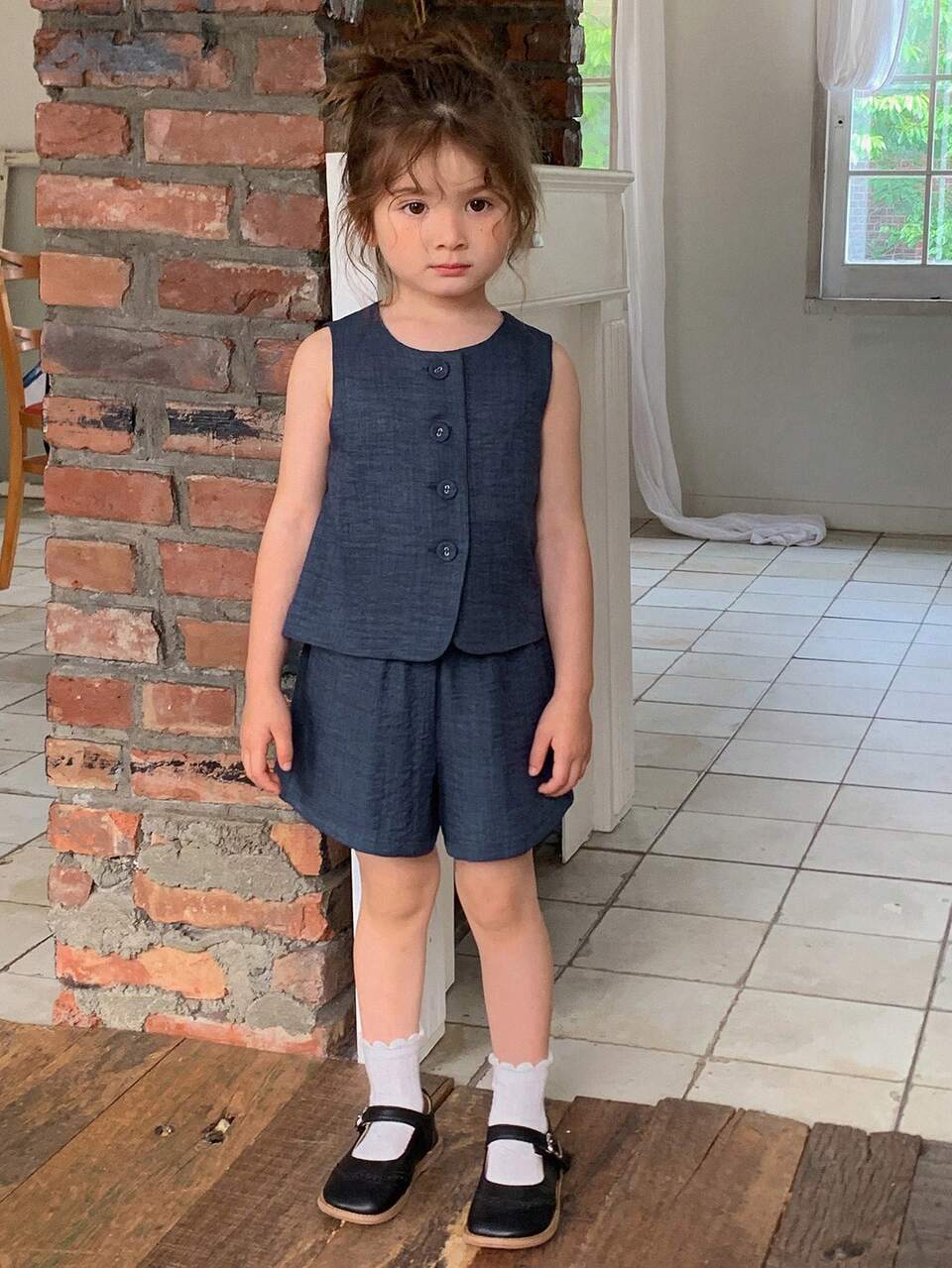 2pcs/Set Young Girls Round Neck Cute Sleeveless Shirt And Loose Shorts Casual Outfit, Summer
