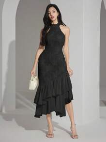 Heiryn 女士时尚优雅浪漫露肩不对称荷叶边下摆中长连衣裙 - 黑色 - 查看 6