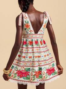 Travachic Vacation Woven Floral Print V-Neck Bodycon Mini Dress For Women,Summer Outfits For Women,Beachwear,Spring And Summer,Easter,Holiday Outfits,Beach Outfits For Woman,Spring Break,Vacation Outfits Women,Concert Outfit Women,BOHO,Bohemia,Music Festival,Tropical Vacation Woman Clothes,Romantic,Going Out Tops,Date Night Outfits Women,All Women Clothes,Fall Clothes ,Autumn - Multicolor - View 2