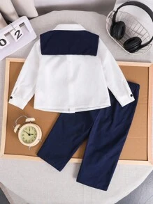 SHEIN 男婴 4 件套蓝白长袖衬衫、宝蓝色披肩、蓝色裤子和提花腰带，适合秋冬季，适合生日派对、洗礼、一周年纪念、晚会、表演、婚礼等场合、学校日常、学院风格、返校季 - 白色 - 查看 3