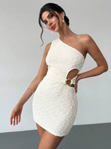 Firerie 女士杏色纹理单肩金属装饰镂空修身迷你连衣裙、夏季度假连衣裙、性感女士连衣裙、派对连衣裙、春夏服装、沙滩装、通勤、优雅、性感、度假、海滩、波西米亚、夏威夷、约会、派对、音乐节、毕业典礼、舞会 - 杏色 - 查看 6