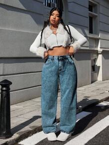 EURMUSE 大码女式蝴蝶刺绣口袋阔腿宽松休闲牛仔裤 - 水鴨藍 - 查看 6