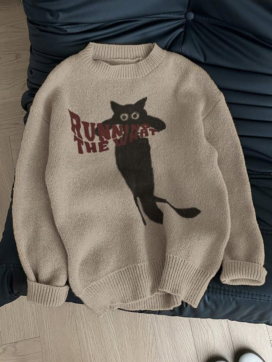 SHEIN EZwear Áo len chui đầu họa tiết mèo kaki thường ngày đa năng, cỡ lớn, thích hợp cho mùa thu/đông - Màu Khaki - Xem 1