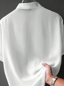 Manfinity Homme White Linen-Look Vacation Collared Short Sleeve Shirt Men White Linen Shirt Men S Textured Shirt - White - View 2