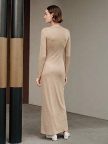Uhlyne Uhlyne Abito midi elegante da donna con design annodato, arricciato, a tinta unita, aderente, vintage, minimalista, alla moda, basic, adatto per l'ufficio - Cachi - Visualizzare 5