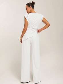Silquee Blusa casual de mujer minimalista de unicolor con cintura ceñida y bajo asimétrico, blusa drapeada blanca, blusa elegante blanca - Blanco - Ver 5