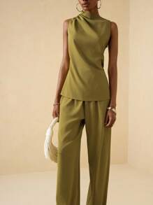 Vesra Conjunto de 2 piezas moderno para mujer con camisa sin mangas de cuello con volantes asimétrico y pantalones de pierna ancha