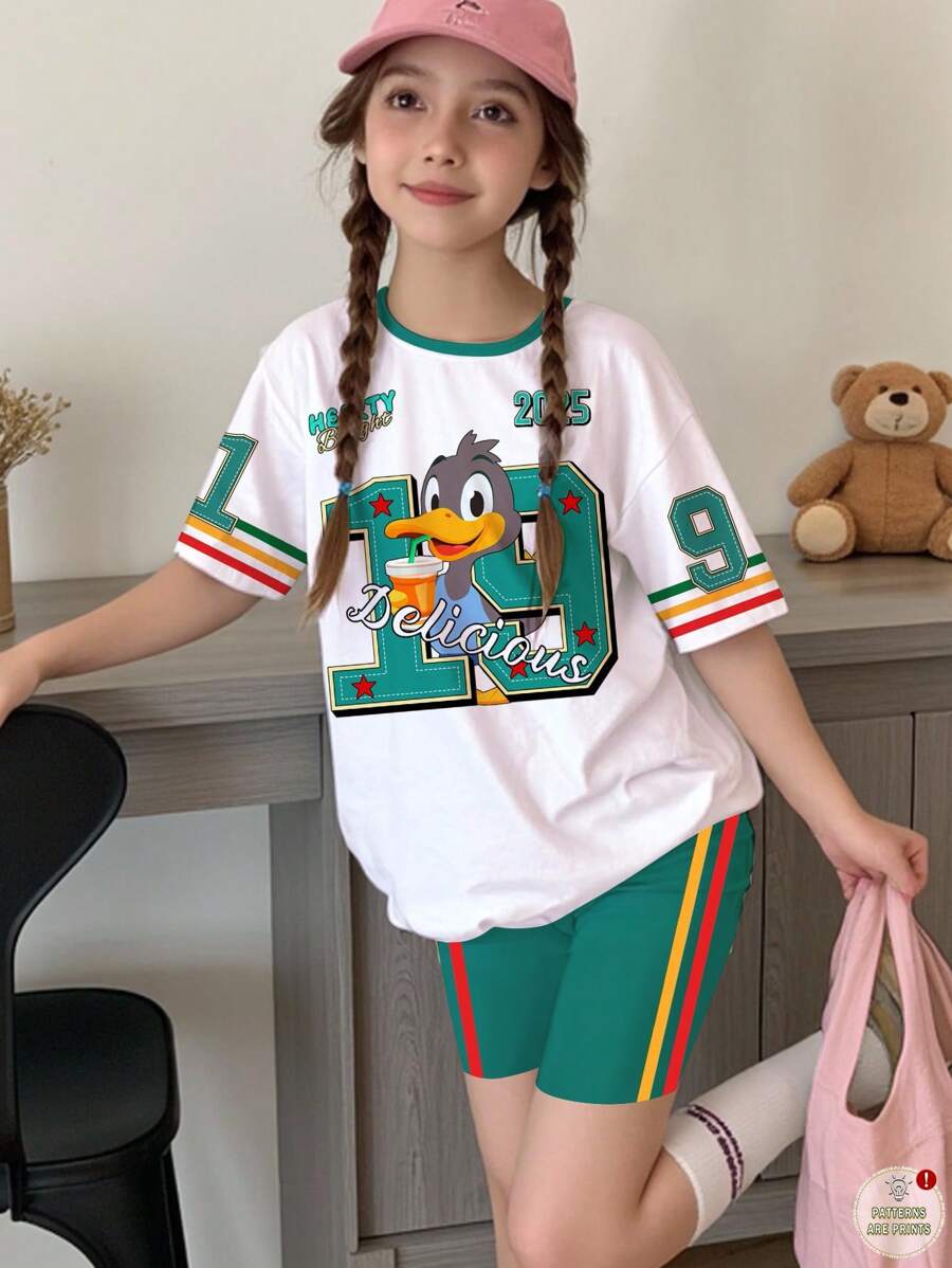 SHEIN Leap Crew 少女休闲简约运动风印花T恤短裤套装,19号印花,英文文字,卡通图案,校园运动风,短袖T恤和短裤,适合夏季穿着,舒适休闲系列 - 彩色 - 查看 1