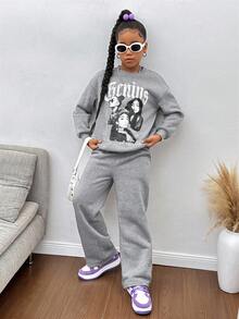 SHEIN Setelan 2 Potong Sweatshirt Bergambar Slayr untuk Remaja Perempuan, Pakaian Kasual Sehari-hari Serbaguna untuk Musim Gugur dan Musim Dingin - Grey - View 3