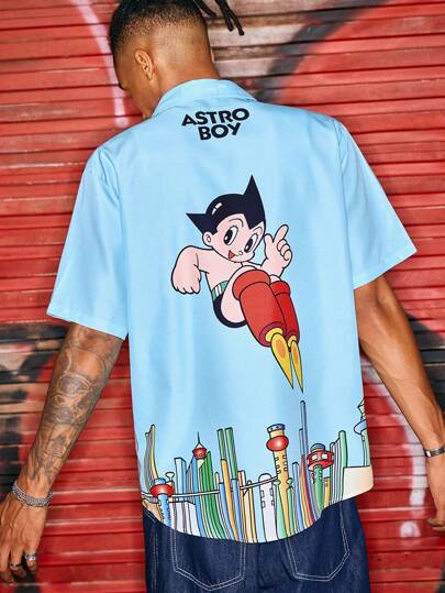 Astro Boy X ROMWE Camisa de manga corta con gráfico de figura de dibujos animados azul para hombres, cómoda para el verano
