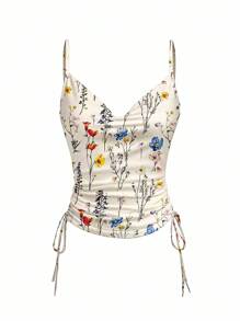 Chiquease 女士夏威夷风格休闲日常海滩度假花卉印花摇摆领口吊带背心夏季图案 T 恤女式上衣 - 彩色 - 查看 1