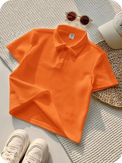 1 Piece Young Boy Casual Sports Orange Art Retro Textured Fabric Short-Sleeved Polo Shirt Suitable For Back To School Suitable For Birthday Parties, Evening Parties, Performances, Weddings, Baptisms, Opening Ceremonies Suitable For Middle Eastern Suitable For Daily Use Suitable For School Suitable For Travel Suitable For Sports Suitable For Spring And Summer Seasons