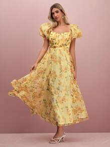 Enchnt Fall/Winter Romantic Women's Sunshine Yellow Floral Print Sweetheart Neck Puff Sleeve Princess Maxi Dress - Yellow - View 7