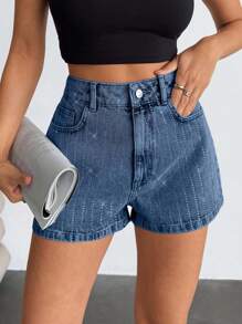 EURMUSE High Waist Rhinestone Slant Pocket Casual Denim Shorts - Light Wash - View 5