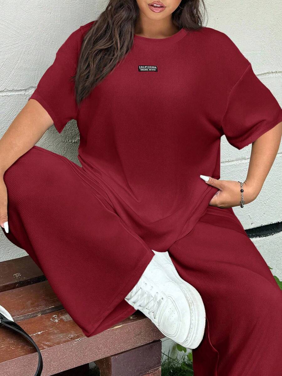 SHEIN EZwear 红色加大码女式字母印花落肩T恤和阔腿裤宽松两件套，春夏 - 紅色 - 查看 1