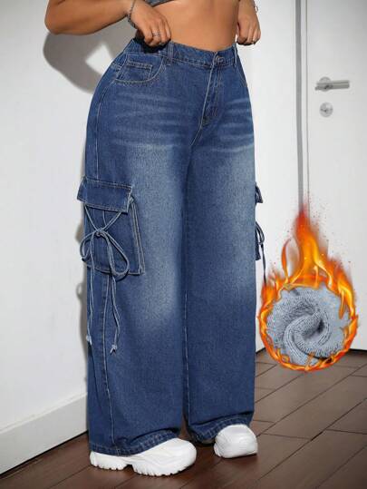 SHEIN ICON Pantalones vaqueros azules de talla grande, ropa de trabajo informal, pantalones anchos de pierna ancha, pantalones cargo, pantalones vaqueros holgados con lazo y forro térmico para mayor calidez