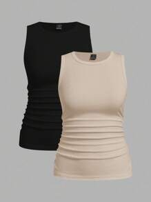 SHEIN LUNE 2pcs Solid Color Khaki & Black Round Neck Fitted Ribbed Waist Ruched Camisole, Suitable For Autumn Layering,Casual - Multicolor - View 9