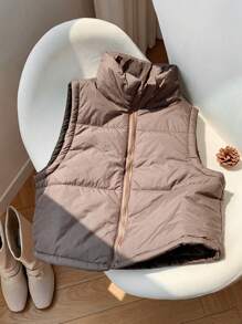 SHEIN EZwear Zip Up Sleeveless  Vest Coat - Coffee Brown - View 4