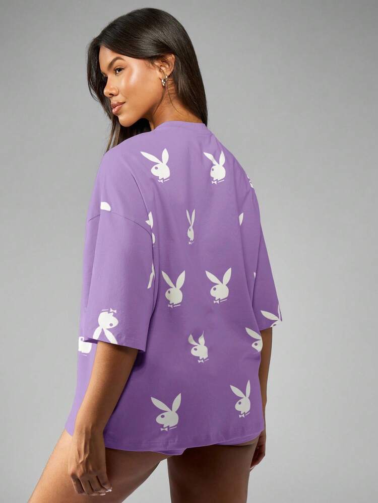 Missguided x Playboy Bunny Print Oversized T Shirt Summer Festival Streetwear Graphic Tee Loungewear Short Sleeve Drop Shoulder Casual Fashion Top
