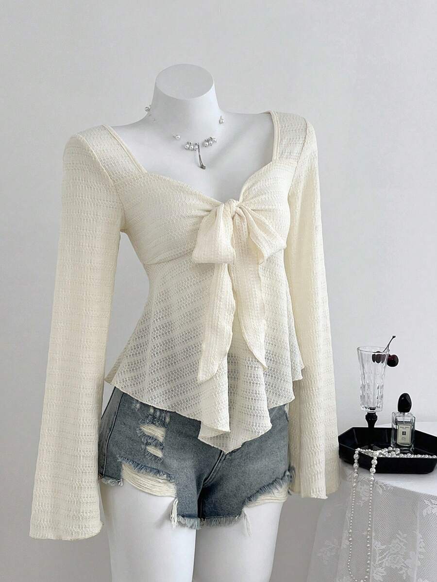 Elamini Women's V-Neck Long Sleeve T-Shirt, Tie Bow Textured Fabric, Slim Fit, Casual Vacation, Spring/Autumn Fall Cloth For Women - Apricot - View 1