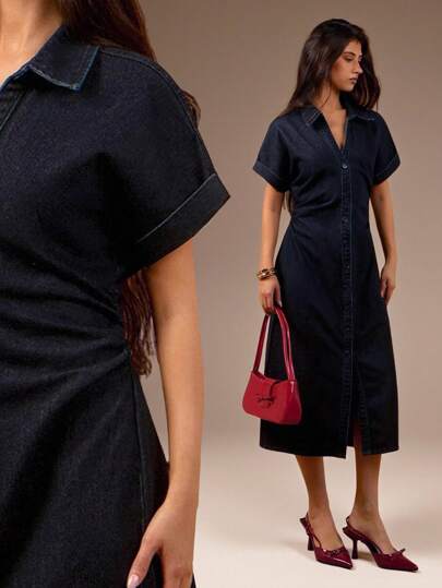 SHEIN Forever 21 Women's Fall& Winter Formal/Back To School/Halloween/Wedding Guest/Vacation/Y2k/Beach /Cute/Teacher/Going Out/Business Casual/Elegant/Birthday/Office Outfits/Country Concert/Club/Western/Work Clothes/Streetwear/Vintage/Festival/Cocktail/Rave/Prom/Airport/Funny/Basic/Brunch Outfits/2000s Style/Bodycon/Old Money Style/Church/Homecoming/Classy/Party/Modest/Fairycore/Coquette/Date Night/Festival/Resort Wear/Baddie/Stockholm Style/Night Out/Dark Blue Washed Denim/Cinched Short-Sleeved Shirt/Long Deni