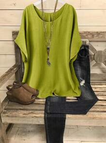 Linhara Plus Size Women's Casual Vacation Round Neck Short Sleeve Shirt - Mustard Yellow - View 1