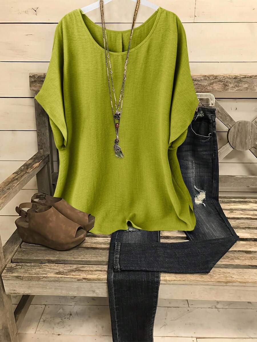 Linhara Plus Size Women's Casual Vacation Round Neck Short Sleeve Shirt - Mustard Yellow - View 1