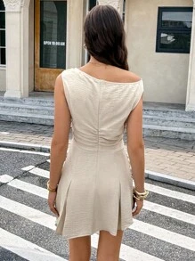 Serisse 女士时尚优雅不对称领口褶饰迷你连衣裙 - 杏色 - 查看 2