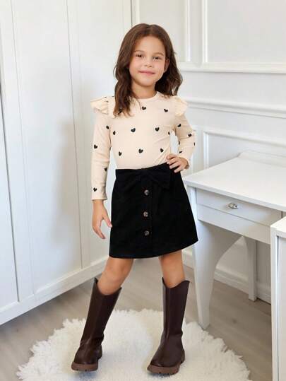 SHEIN 2 件装少女纯色针织心形图案荷叶边休闲上衣和编织裙子套装