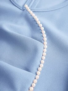 SHEIN Serisse Kids 女童珍珠串珠灯笼长袖V领褶饰优雅纯色中长连衣裙，适合秋冬 - 淺藍色 - 查看 5