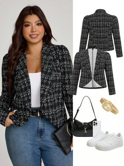 Comfylo 大码休闲格子西装外套 女士秋季装 女士冬季装 女士冬季外出上衣 外出格子时尚女士时尚西装外套 女士秋季装 女士冬季装 黑色 女士冬季装 黑色上衣 女士感恩节装 黑色上衣