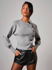 COSMINA Women's Elegant Asymmetric Button Cardigan Sweater, Autumn/Winter - Grey - View 3