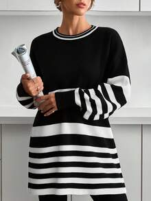 EURMUSE Women Stripe Pattern Round Neck Drop Shoulder Pullover,Jumper,Cream Jumper,Jumpers,Black Jumper,Women's Jumper,White Jumper,Women's Jumper,Women's Jumpers,Winter Clothes - Black - View 4