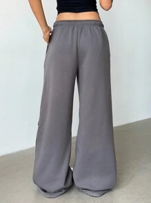 SHEIN BASICS بنطلون رياضي نسائي بلون أحادي مريح وفضفاض، خريف/شتاء - رمادي غامق - مشاهدة 2