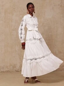 SHEIN Privé 女士撞色蕾丝领长裙 - 白色 - 查看 8