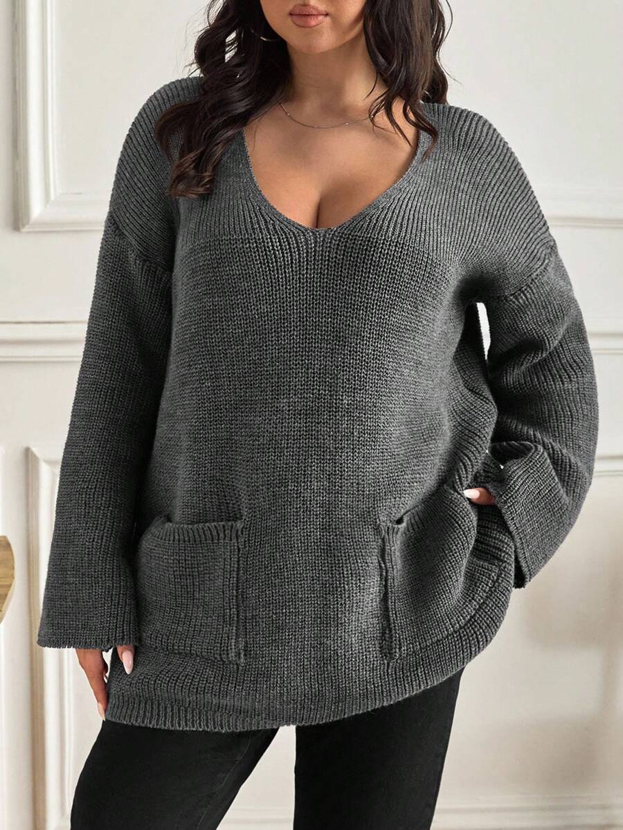 EURMUSE Plus Size Solid Color Pocket Detail Long Sleeve Sweater - Grey - View 1