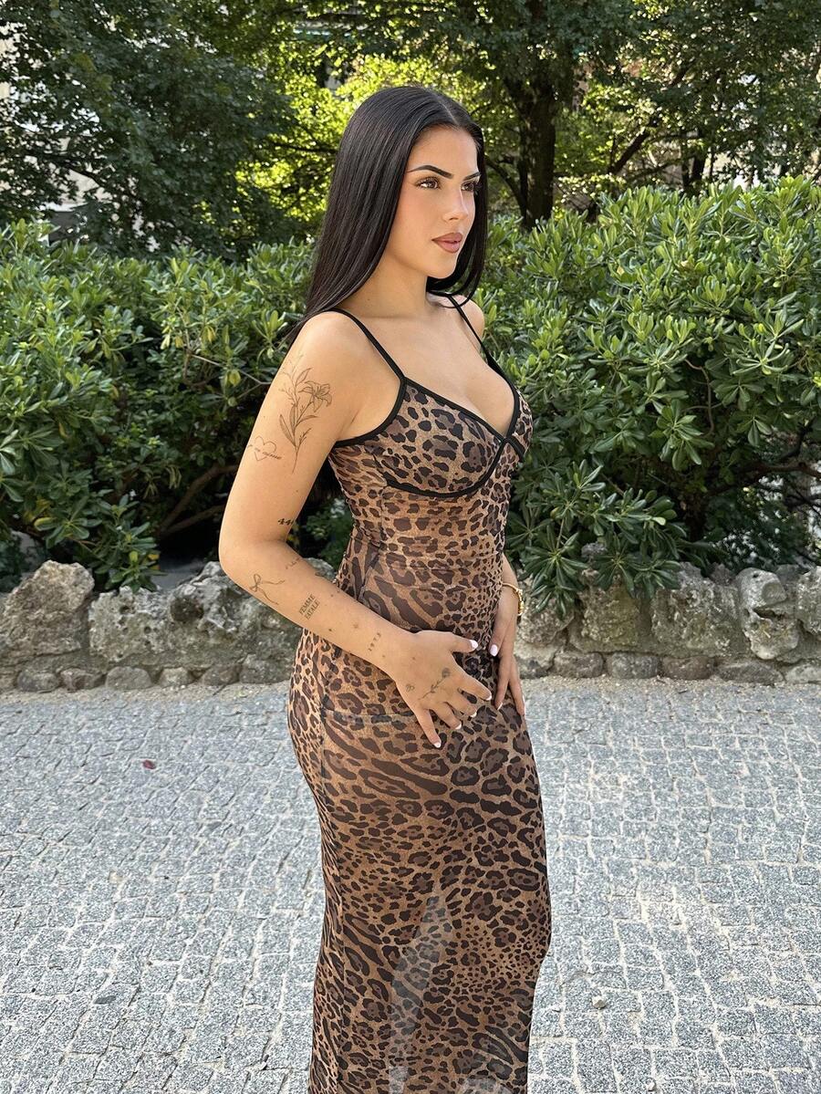 Lucia Bellido 全新性感豹纹网眼细肩带紧身连衣裙 - 棕色 - 查看 1