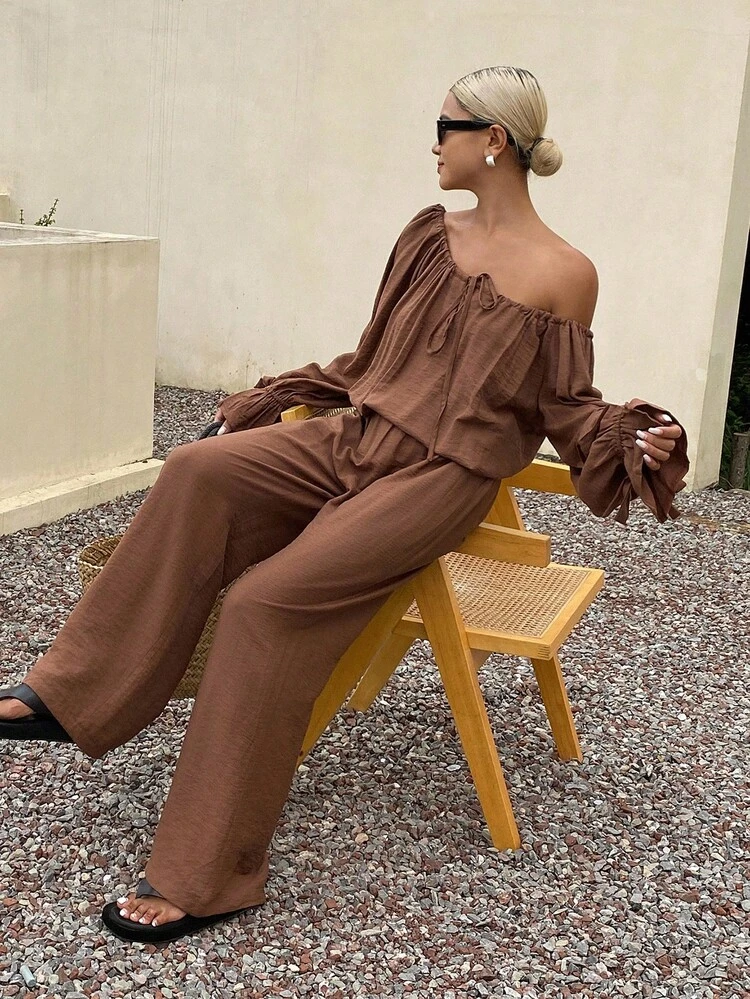 2pcs/Set Women Casual Loose Brown Front Tie Long Sleeve Pleated Shirt And Pants Set, Autumn/Winter Lounge Sets For Women