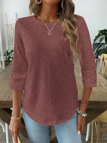 EMERY ROSE Camiseta gráfica de mujer con cuello redondo, unicolor, casual, con mangas huecas - Rojo violeta - Ver 3